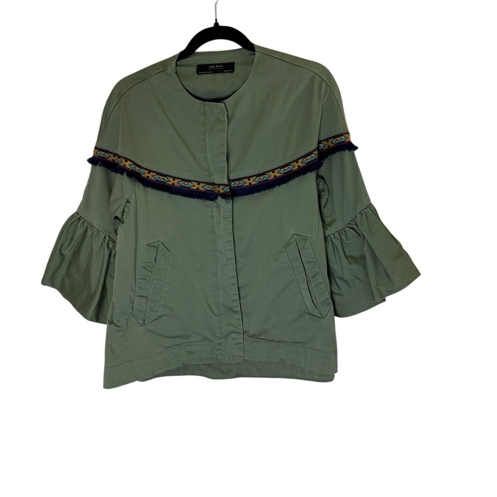 ZARA Basic Cotton Aztec Embroidered Fringe Boho Bell Sleeve Jacket Sz XS